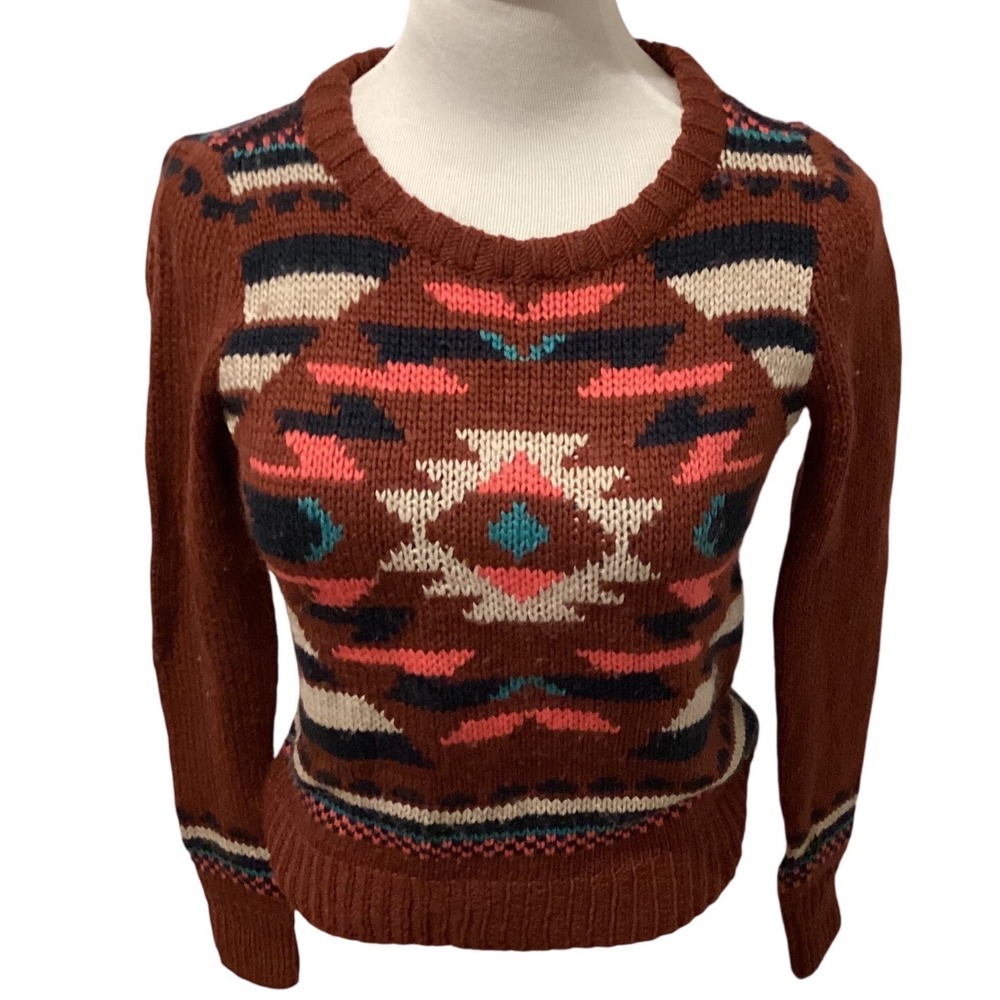 Hollister Women's XS Southwestern Geometric Knit Sweater Rust Orange